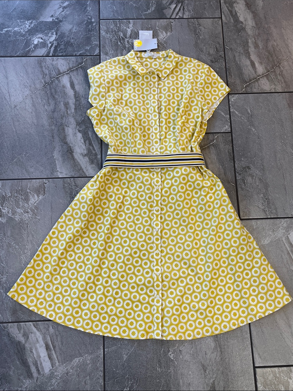 🤍 NWT Boden Cotton Dress Fit and Flare Size 12 Yellow White Belt